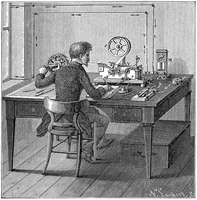 Framed Print : Operator at a telegraph machine, Print 1887 Framed Print : Operator at a telegraph machine, Print 1887