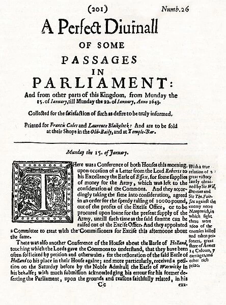 Front page of A Perfect Diurnall of Some Passages in Parliament, 1643 (1905)