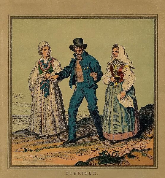 A panel, image of a man who is out for a walk with a woman on each side. (c1900s). Creator: Unknown