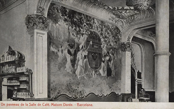Panel of the room of the Cafe Maison Doree in Barcelona, ??photography of 1915, postcard