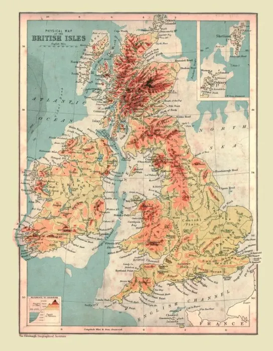 Framed Print : Physical Map of the British Isles, 1902 Print