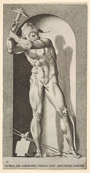Plate 19: Vulcan standing in a niche swinging a hammer, with an anvil, hammer