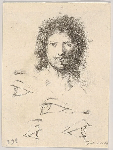 Plate 2: at top, the head of a young man, frontal view, at bottom, four eyes, from Th