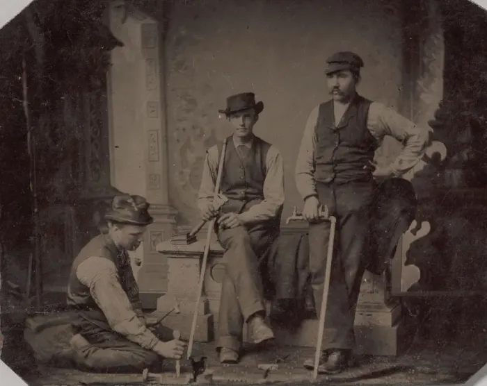 Framed Print : Three Plumbers with Pipes and Tools Print, 1870s-80s Framed Print : Three Plumbers with Pipes and Tools Print, 1870s-80s