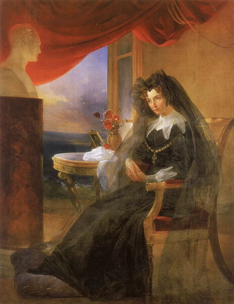 Portrait of Empress Elizabeth Alexeievna (1779-1826) in Mourning Dress, 1831. Artist: Basin, Pyotr Vasilyevich (1793-1877)