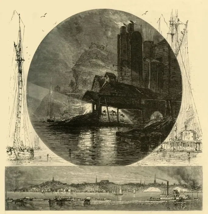 Framed Print : Print of Poughkeepsie and its Foundries at Night, 1874 Framed Print : Print of Poughkeepsie and its Foundries at Night, 1874