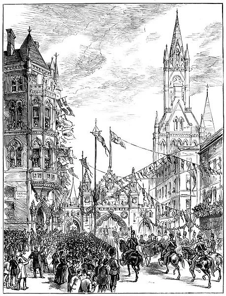 Procession approaching the Town Hall, Manchester, 1887