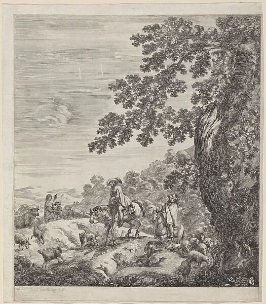 Two Riders Passing Near a Herd of Animals, 1656. Creator: Stefano della Bella