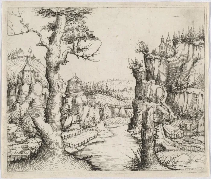 Framed Print : River Landscape with High Cliffs Print, 1546 Framed Print : River Landscape with High Cliffs Print, 1546