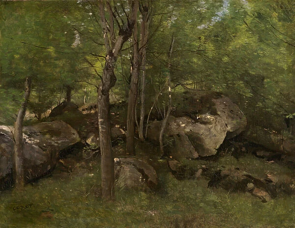 Rocks in the Forest of Fontainebleau, 1860  /  1865. Creator: Jean-Baptiste-Camille Corot