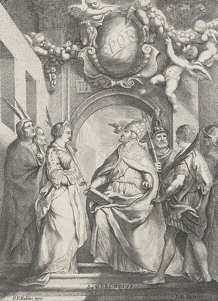 Saint Gregory surrounded by other saints, in front of an archway with putti holding... ca. 1711-54. Creator: Jacob de Wit