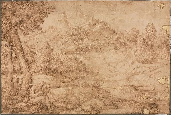 Saint Jerome in a Landscape, c. 1530. Creator: Domenico Campagnola (Italian, 1500-1564)