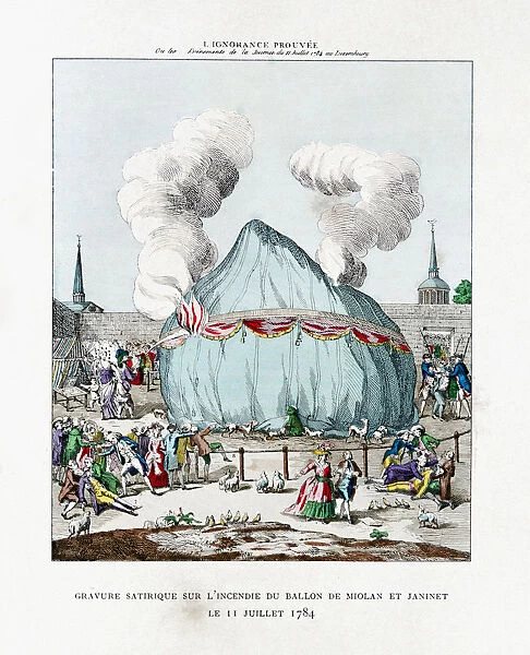 Satirical engraving on the fire of the balloon of Miolan and Janinet 1784 (1887). Artist: Gaston Tissandier