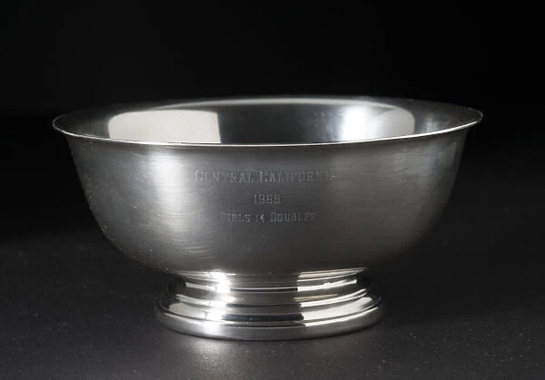 Silver bowl tennis trophy presented to Sally Ride, 1965