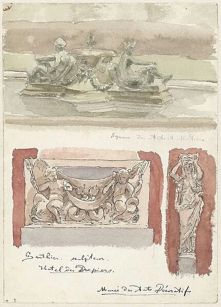 Three sketches of sculptures in the Museum of Decorative Arts in Paris, 1872-1904. Creator: Wilhelm Cornelis Bauer