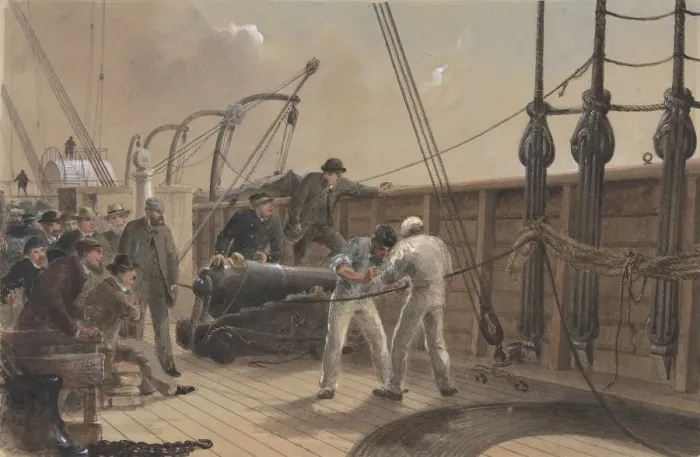 Framed Print : Splicing the Cable Print, 1865-66