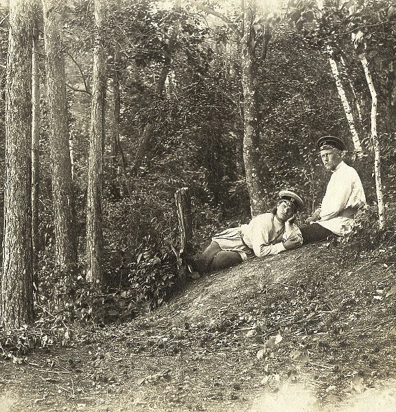 Survey engineers N.N. Vylezhinsky and A.M. Vikhman on vacation in the forest, 1909. Creator: Vladimir Ivanovich Fedorov