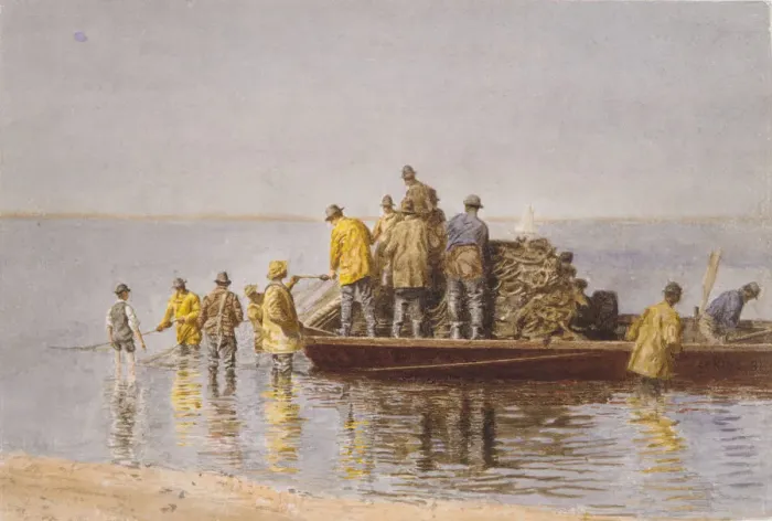 Framed Print : Thomas Eakins' Taking Up the Net Print, 1881 Framed Print : Thomas Eakins' Taking Up the Net Print, 1881
