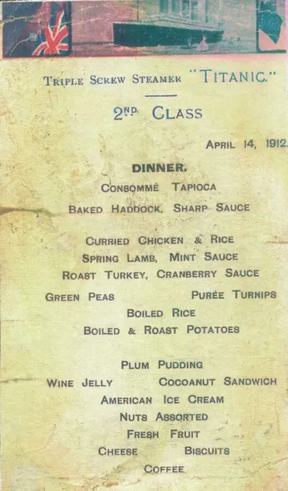 Framed Print : RMS Titanic 2nd Class Dinner Menu Print, April 14, 1912 Framed Print : RMS Titanic 2nd Class Dinner Menu Print, April 14, 1912