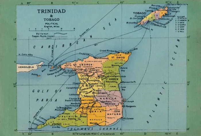 Framed Print : Trinidad & Tobago Map Print, c1940s Framed Print : Trinidad & Tobago Map Print, c1940s