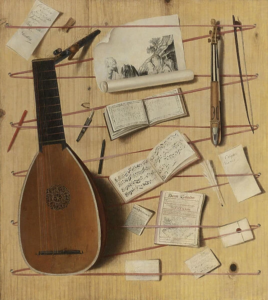 Trompe l oeil still life with a lute, rebec and music sheets. Artist: Gijsbrechts, Cornelis Norbertus (before 1657-after 1675)