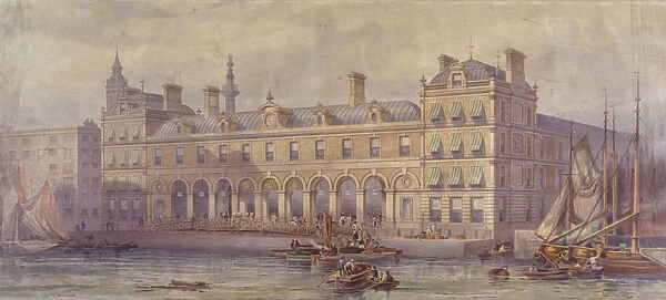 View of Billingsgate Market with figures and boats in the foreground, London, 1877