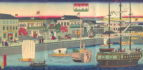 View of the Seafront in Yokohama (Yokohama Kagandori no fukei), 5th month, 1870. Creator: Utagawa Hiroshige III