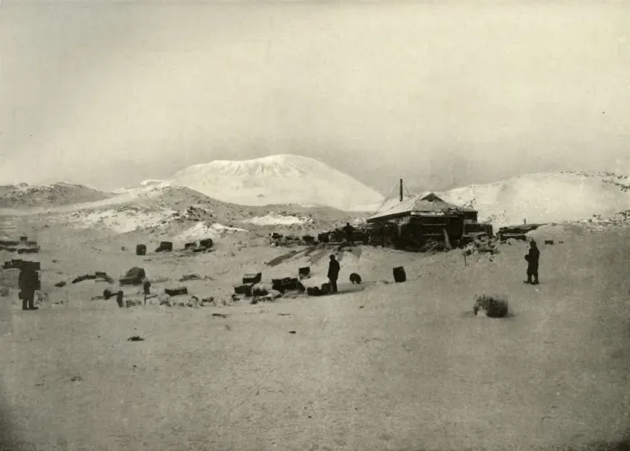 Framed Print : Print of The Winter Quarters with Mount Erebus in the Background Framed Print : Print of The Winter Quarters with Mount Erebus in the Background
