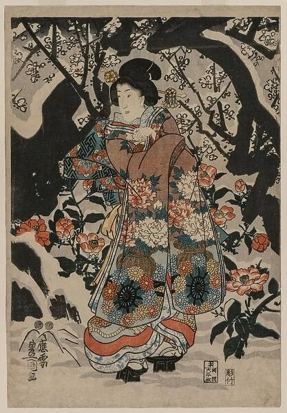 Woman Standing Beside a Plum Tree, c. 1850. Creator: Utagawa Kunisada (Japanese, 1786-1865)