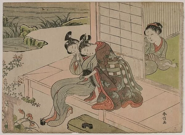 Woman Watching Young Couple Embrace on a Veranda, late 1760s. Creator: Suzuki Harunobu (Japanese