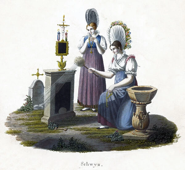 Two women standing before a headstone in a graveyard, c1800
