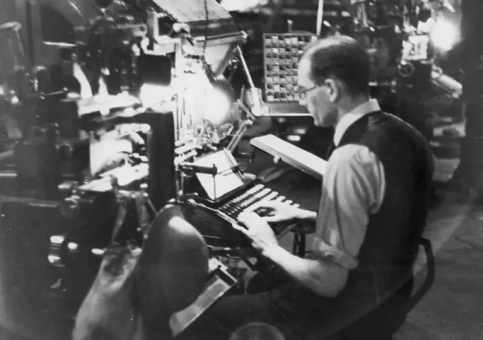 Framed Print : Linotype Operator at Work in Print Framed Print : Linotype Operator at Work in Print