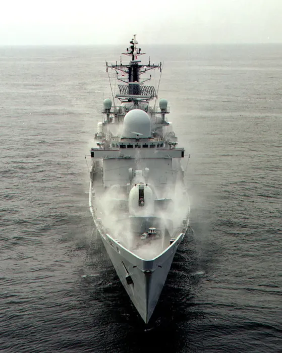 Framed Print : Print of HMS Edinburgh, Type 42 Destroyer, Pre-Wetting Exercise Framed Print : Print of HMS Edinburgh, Type 42 Destroyer, Pre-Wetting Exercise