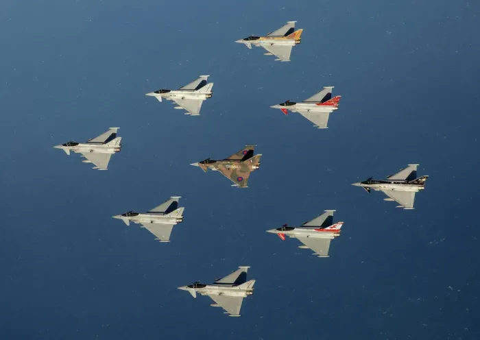 Framed Print : Print of Typhoon aircraft in diamond formation flight over the RAF Framed Print : Print of Typhoon aircraft in diamond formation flight over the RAF