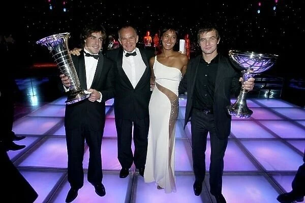 2005 FIA Awards Monaco, 9th December. Fernando Alonso, Peter Windsor, another presenter and Sebastien Loeb. World Copyright: Malcolm Griffiths / LAT Photographic ref: Digital Image Only