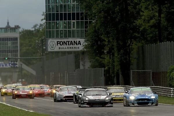 2008 FIA GT Championship. Monza, Italy. 16th - 18th May 2008. Christophe Bouchut / Xavier Maassen, Corvette Z06. and Lukas Lichtner-Hoyer / Alex Muller, Aston Martin DB9 leads the field at the start if the race. Action. World Copyright