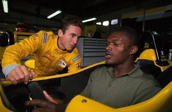 British Formula Three Championship: Bruce Jouanny shows Chelsea and France soccer star Marcel Desailly around his Dallara