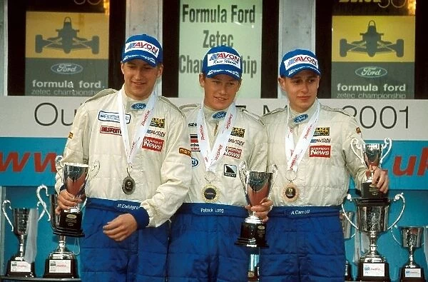 British Formula Ford Zetec Championship: The podium. Results: First Patrick Longcentre; second Robert Dahlgrenleft; third Adam Carroll right