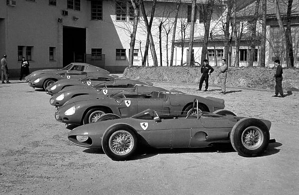 Ferrari F1 Launch: A selection of racing Ferraris are displayed outside the Ferrari factory, including a Ferrari 156 Sharknose'