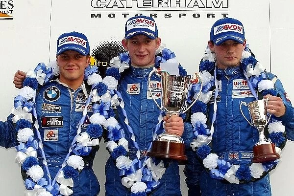 Formula Ford Festival: Marko Asmer 2nd, race winner Joey Foster and Tom Kimber-Smith 3rd celebrate on the podium