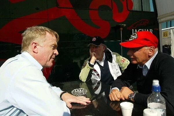 Formula One Testing: L-R: FIA President Max Mosley, David Richards BAR Team Principal and Niki Lauda Jaguar Team Principal chat about the new