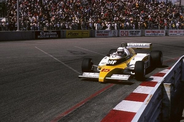 Formula One World Championship: Alain Prost Renault RE20B was eliminated in a first lap collision with De Cesaris