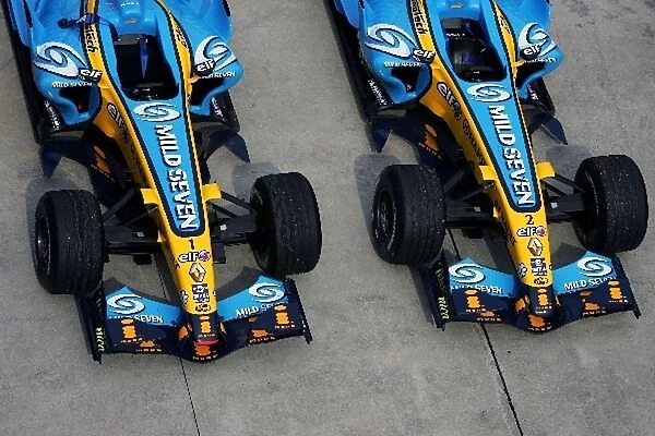 Formula One World Championship: The cars of Giancarlo Fisichella Renault and Fernando Alonso Renault in Parc Ferme