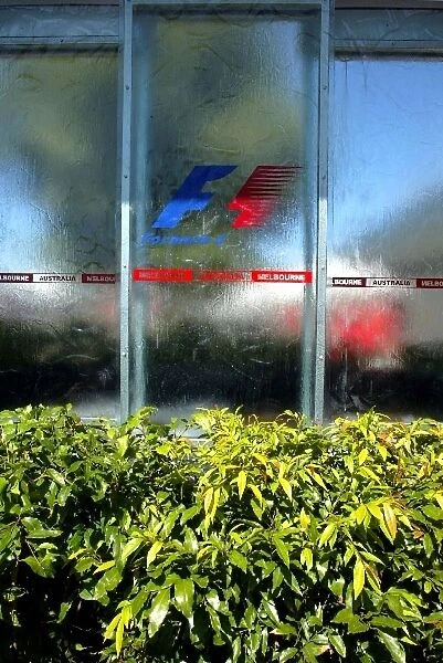 Formula One World Championship: A flowing water sculpture at the F1 paddock entrance