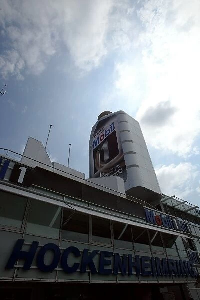 Formula One World Championship: Mobil 1 branding around the pit buildings for the Mobil 1 German Grand Prix