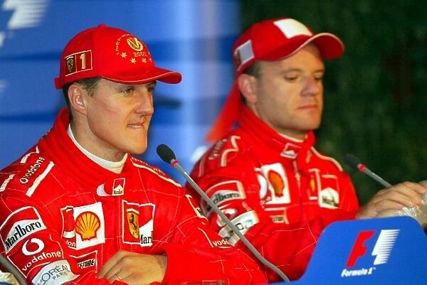 Formula One World Championship: Pole sitter Michael Schumacher with Ferrari team mate Rubens Barrichello who was third