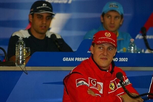 Formula One World Championship: Rivals Juan Pablo Montoya Williams and Michael Schumacher Ferrari at the press conference