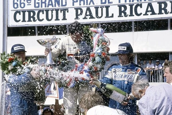 Paul Ricard, France. 27-29 June 1980: Alan Jones, 1st position, Didier Pironi, 2nd position, and Jacques Laffite, 3rd position, on the podium