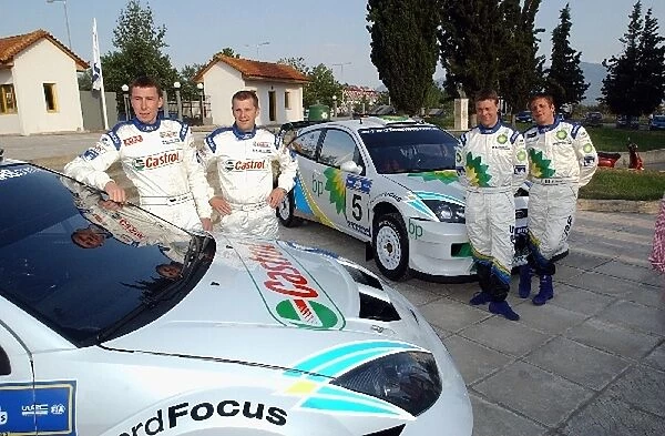 World Rally Championship: The M-Sport Ford Rallye Team drivers unveil the new sponsor liveries on their Ford Focus RS WRC 03. L-R: Markko Martin