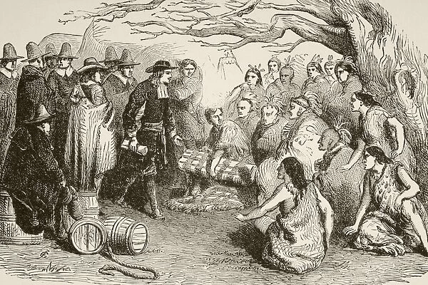 In 1682, William Penn Makes A Treaty With The Delaware Or Lenape Indians Under The Elm Tree At Shackamaxon In Present Day Pennsylvania. From A 19Th Century Illustration